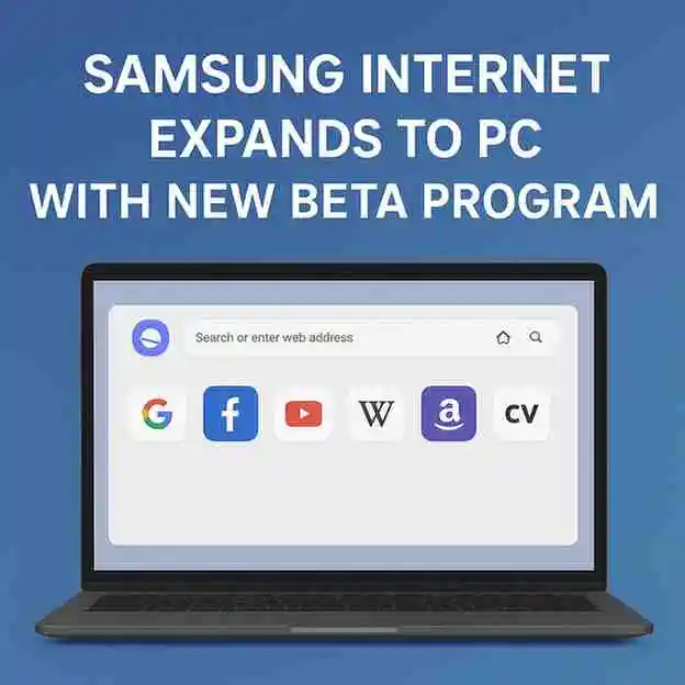Samsung Internet browser interface displayed on a laptop and Galaxy smartphone, symbolizing seamless browsing across PC and mobile devices
