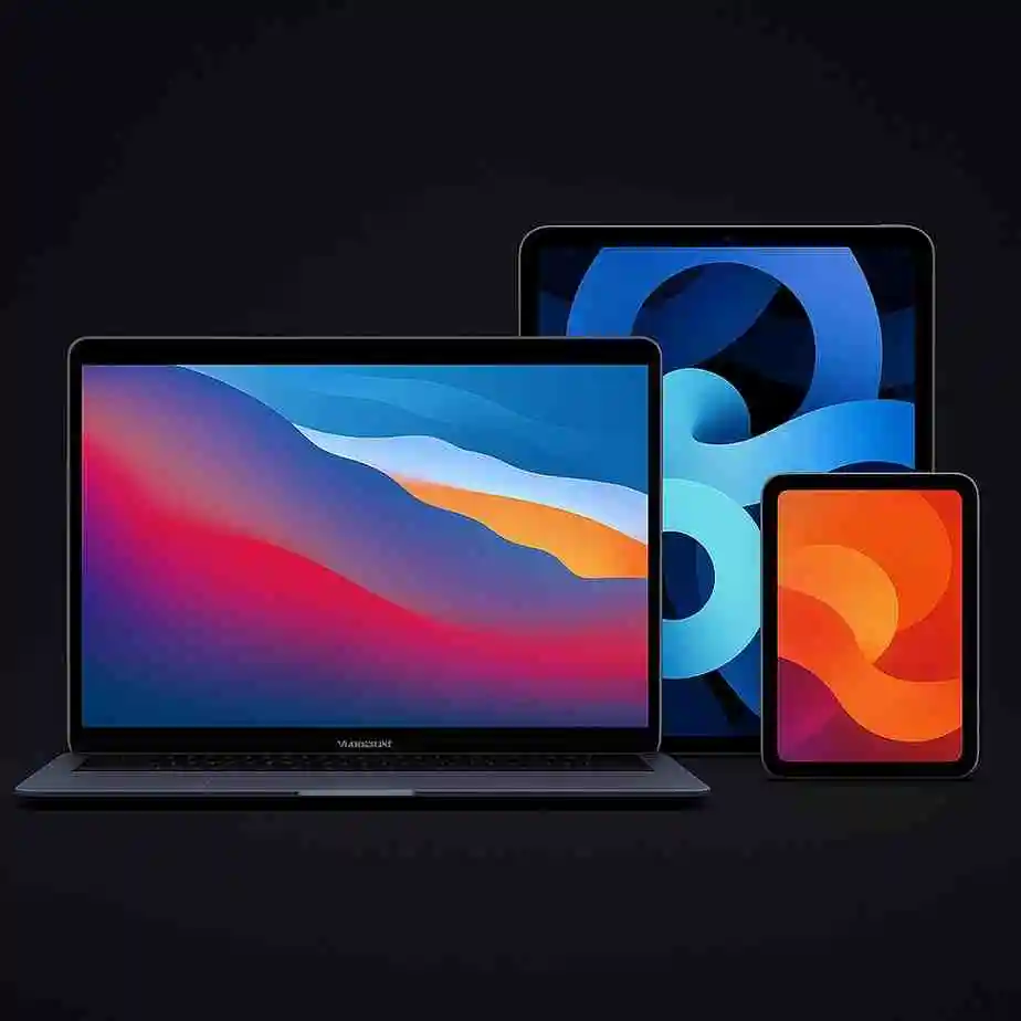 Apple MacBook Air and iPad Mini with new OLED screens displaying vibrant visuals on sleek devices.