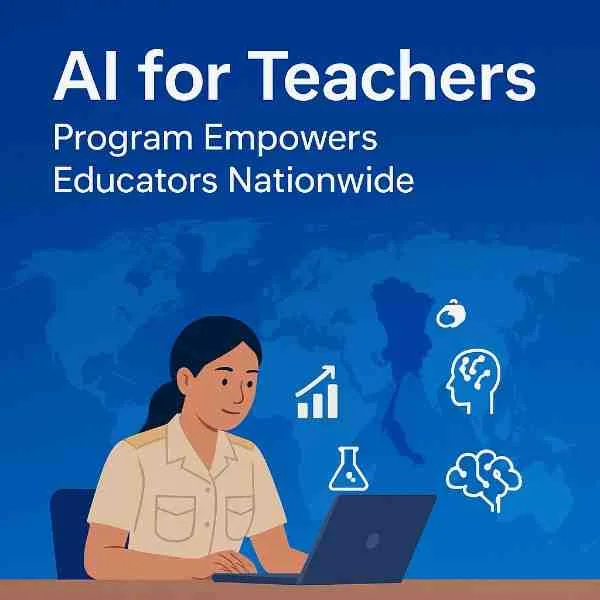 Thai teacher using a laptop with AI and education icons in the background, representing the nationwide 'AI for Teachers' program empowering educators in Thailand.