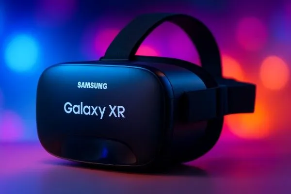 Samsung Galaxy XR mixed reality headset resting on a smooth surface with vivid neon bokeh lights in the background, symbolizing futuristic technology and immersive digital experiences.
