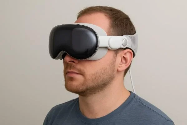 A man wearing Apple’s Vision Pro M5 mixed-reality headset looks ahead, showcasing the new Dual Knit Band and sleek design against a neutral background.