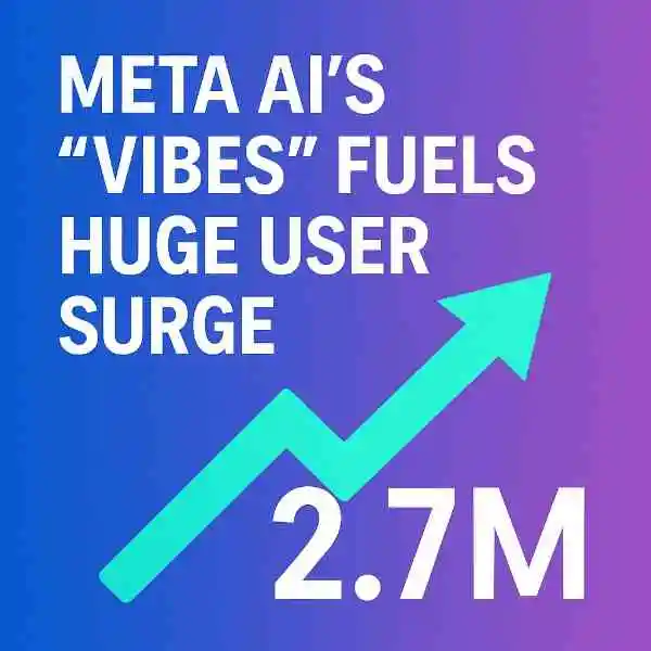 Square graphic showing text “Meta AI’s Vibes fuels huge user surge” with an upward arrow and “2.7M” indicating increased daily active users.