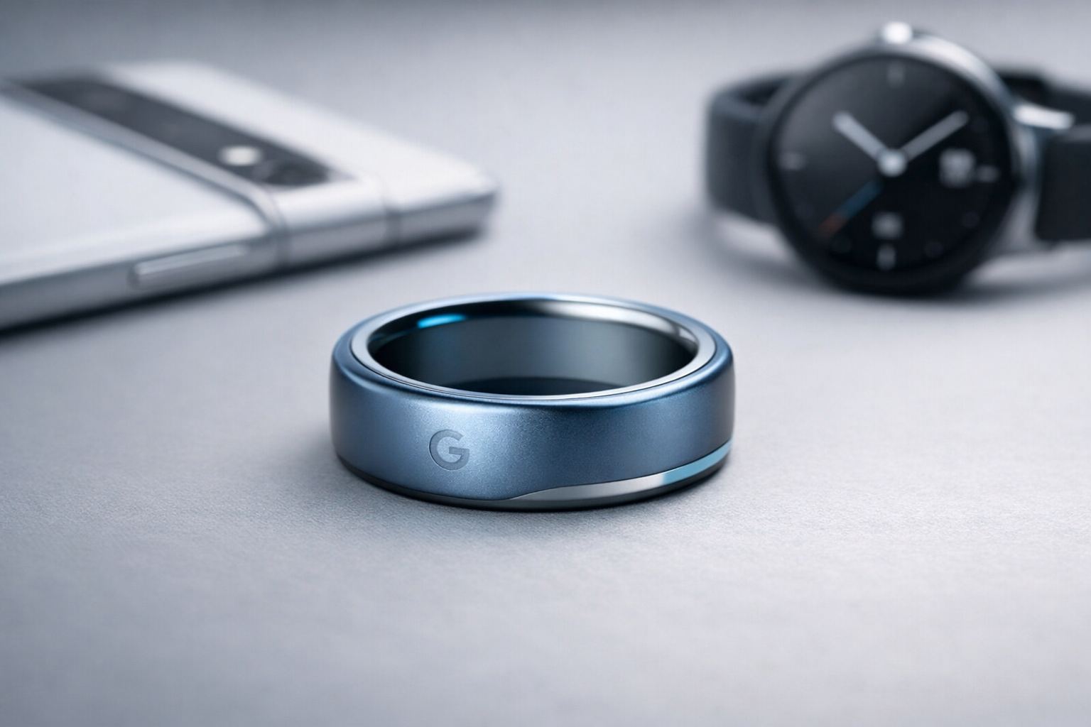 Close-up of a metallic blue Google Pixel smart ring on a matte surface, with a Pixel smartphone and Pixel Watch blurred in the background, representing Google’s potential 2026 smart ring launch.