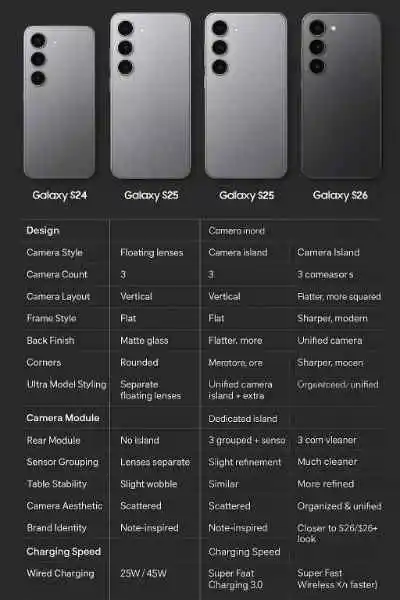Comparison chart showing Samsung Galaxy S24, Galaxy S25, and Galaxy S26 designs with their camera layouts, frames, and key design differences.