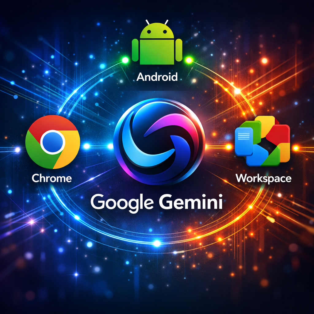 “Google Gemini AI integrated with Chrome, Android, and Workspace icons, showing ecosystem connections and AI dominance”