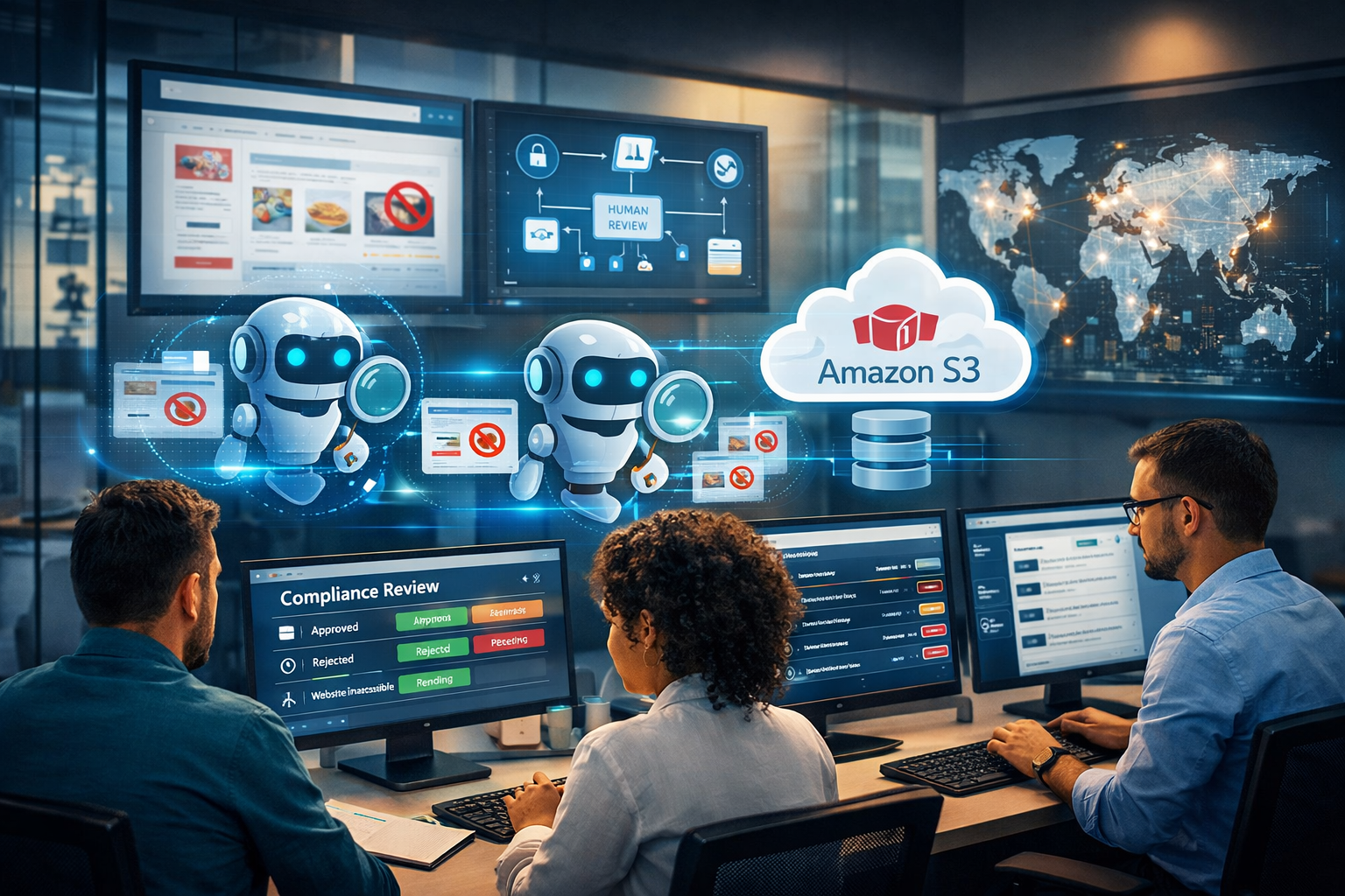 Diverse fintech team monitoring AI-powered compliance dashboards with holographic AI agents and global cross-border maps.