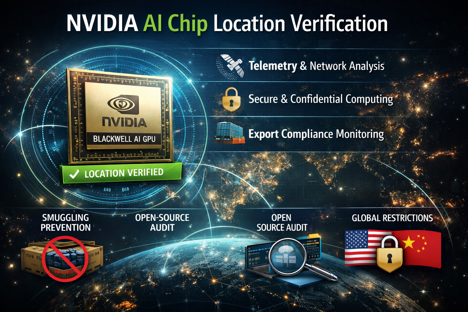 Digital infographic of Nvidia Blackwell AI GPU showing location verification, telemetry, export compliance monitoring, and smuggling prevention with global map and secure computing icons.