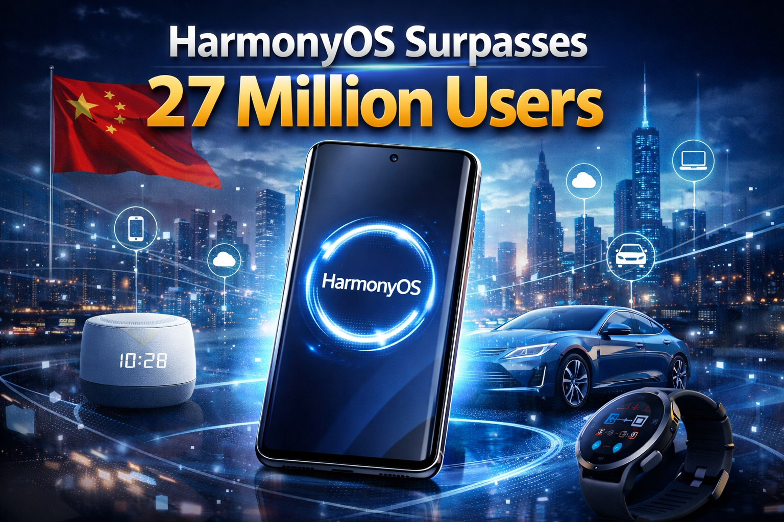 HarmonyOS ecosystem connecting smartphones, tablets, wearables, cars, and IoT devices with 27 million users milestone