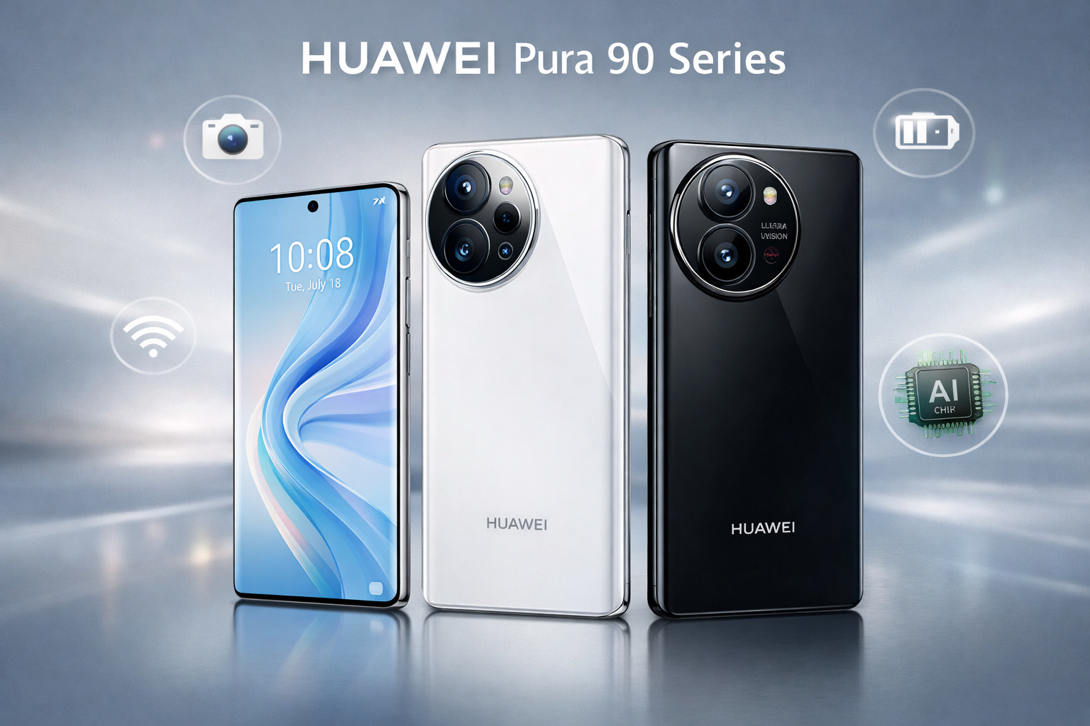 Huawei Pura 90 Series smartphones showing Standard, Pro, and Ultra models with large OLED screens, slim bezels, and premium design features.