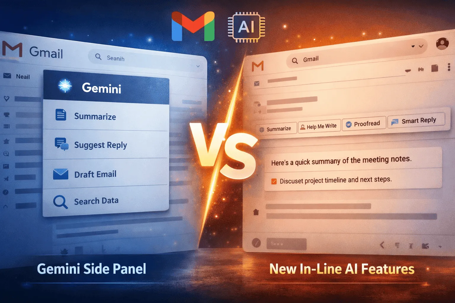Comparison of Gmail AI features showing the old Gemini side panel on the left with options like Summarize, Suggest Reply, Draft Email, and Search Data, versus the new in-line AI features on the right integrated directly into an email thread with Summarize, Help Me Write, Proofread, and Smart Reply, highlighting the transition from a separate panel to embedded AI tools.