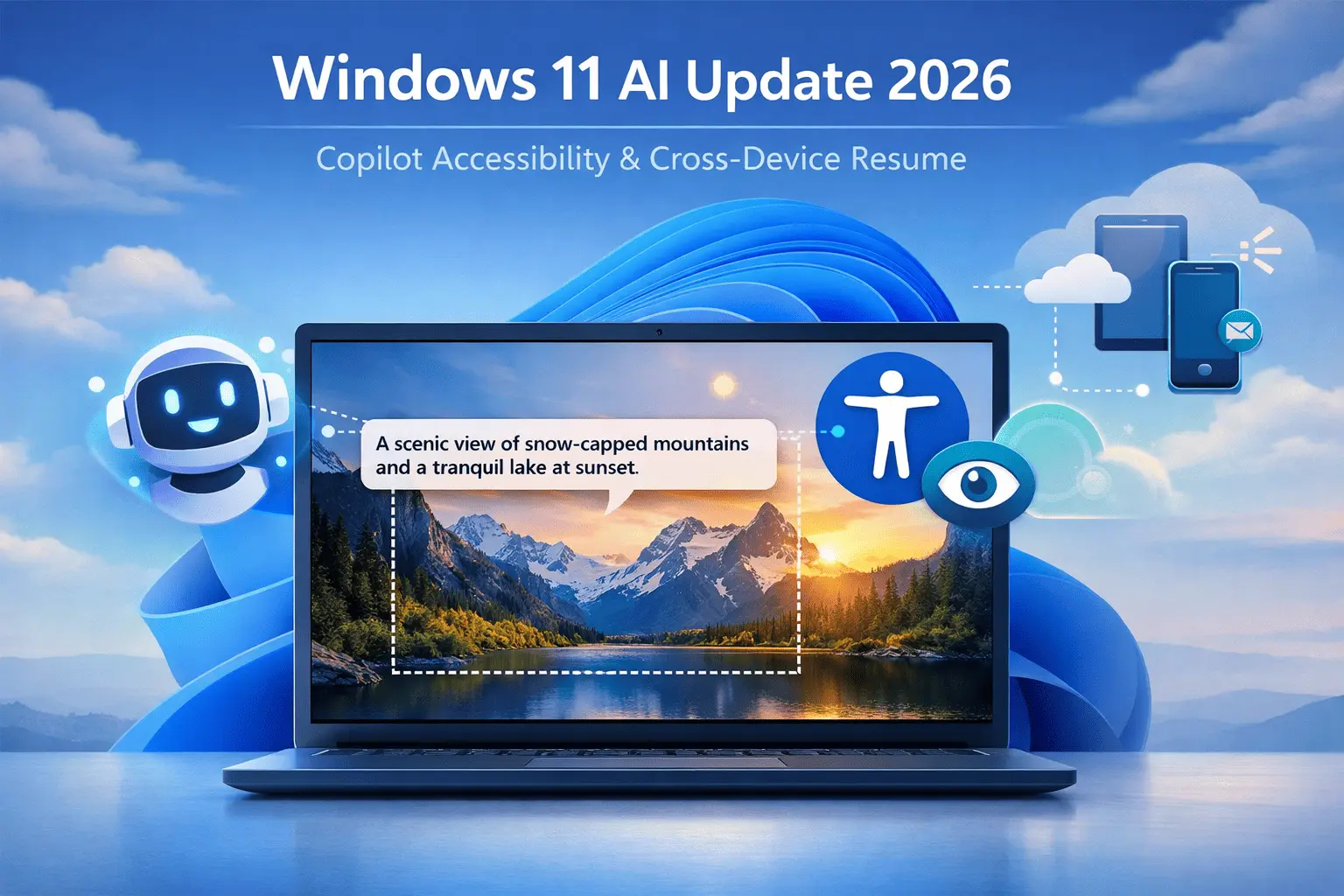 Windows 11 2026 AI Update featured image showing a laptop with Copilot describing a scenic mountain image, accessibility icons, and cross-device connectivity symbols.