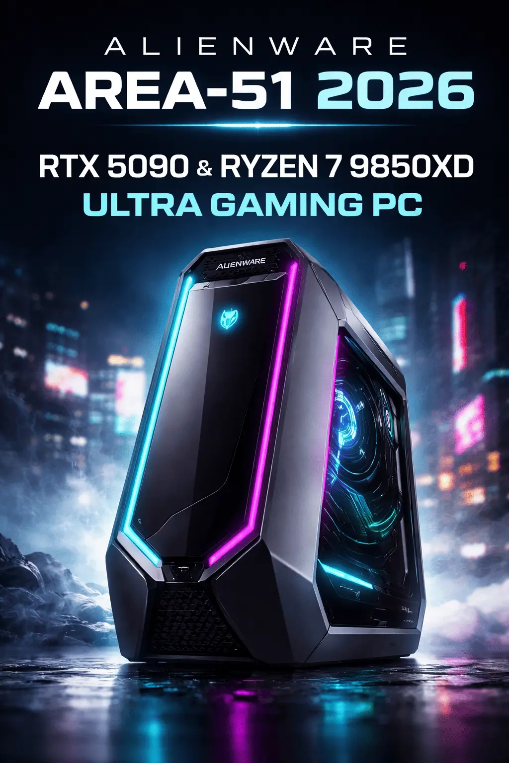 Alienware Area‑51 2026 gaming desktop with glowing RGB lights, featuring RTX 5090 GPU and Ryzen 7 9850X3D CPU, displayed on a futuristic neon-lit desk setup.