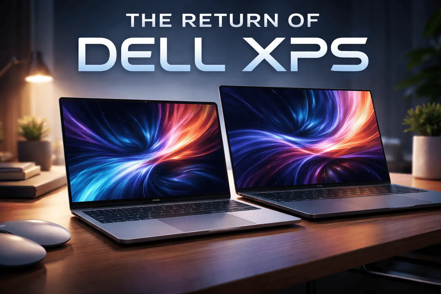 Front view of Dell XPS 14 and XPS 16 laptops on a clean desk, highlighting thin design, high-resolution displays, and premium build.