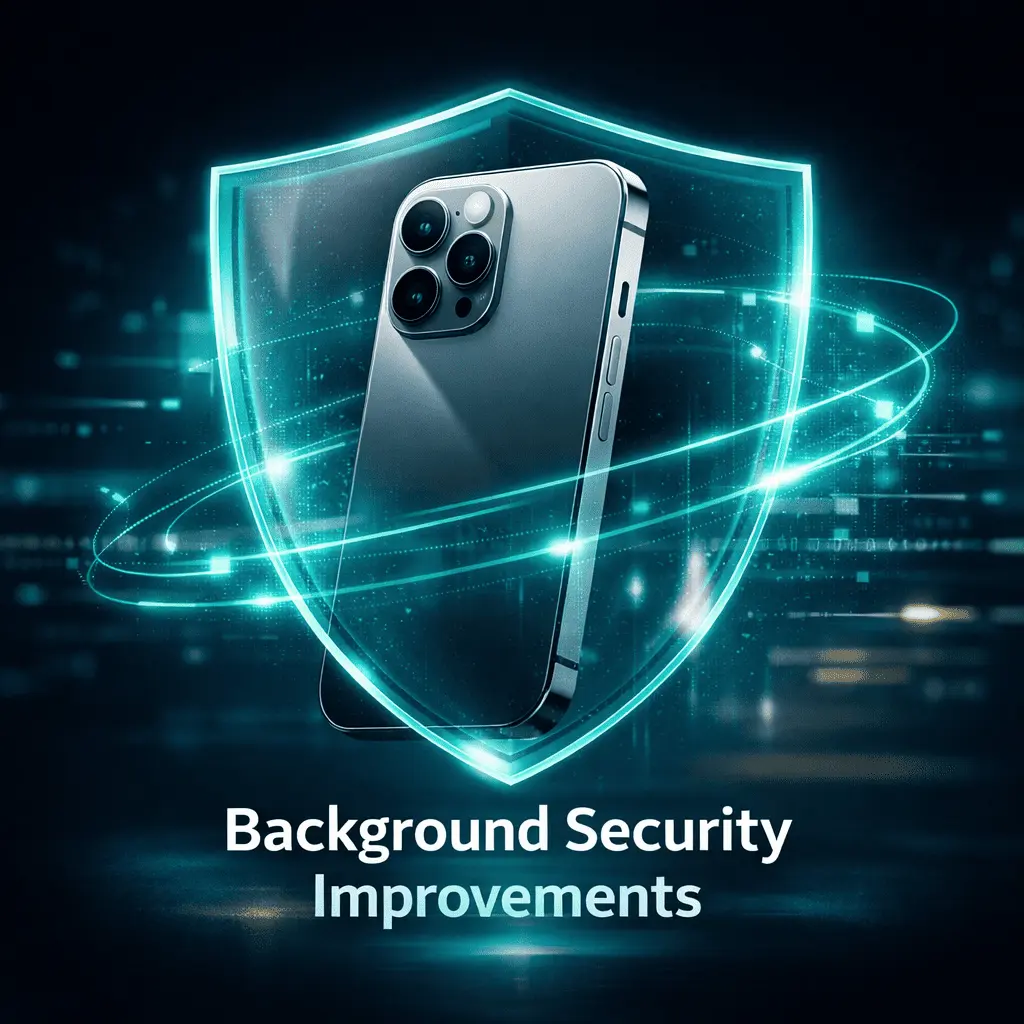 A sleek iPhone 17 Pro surrounded by a glowing cyan-green shield, with digital circuit lines and light trails representing background security updates, set against a dark futuristic gradient background. Text at the bottom reads “Background Security Improvements.”