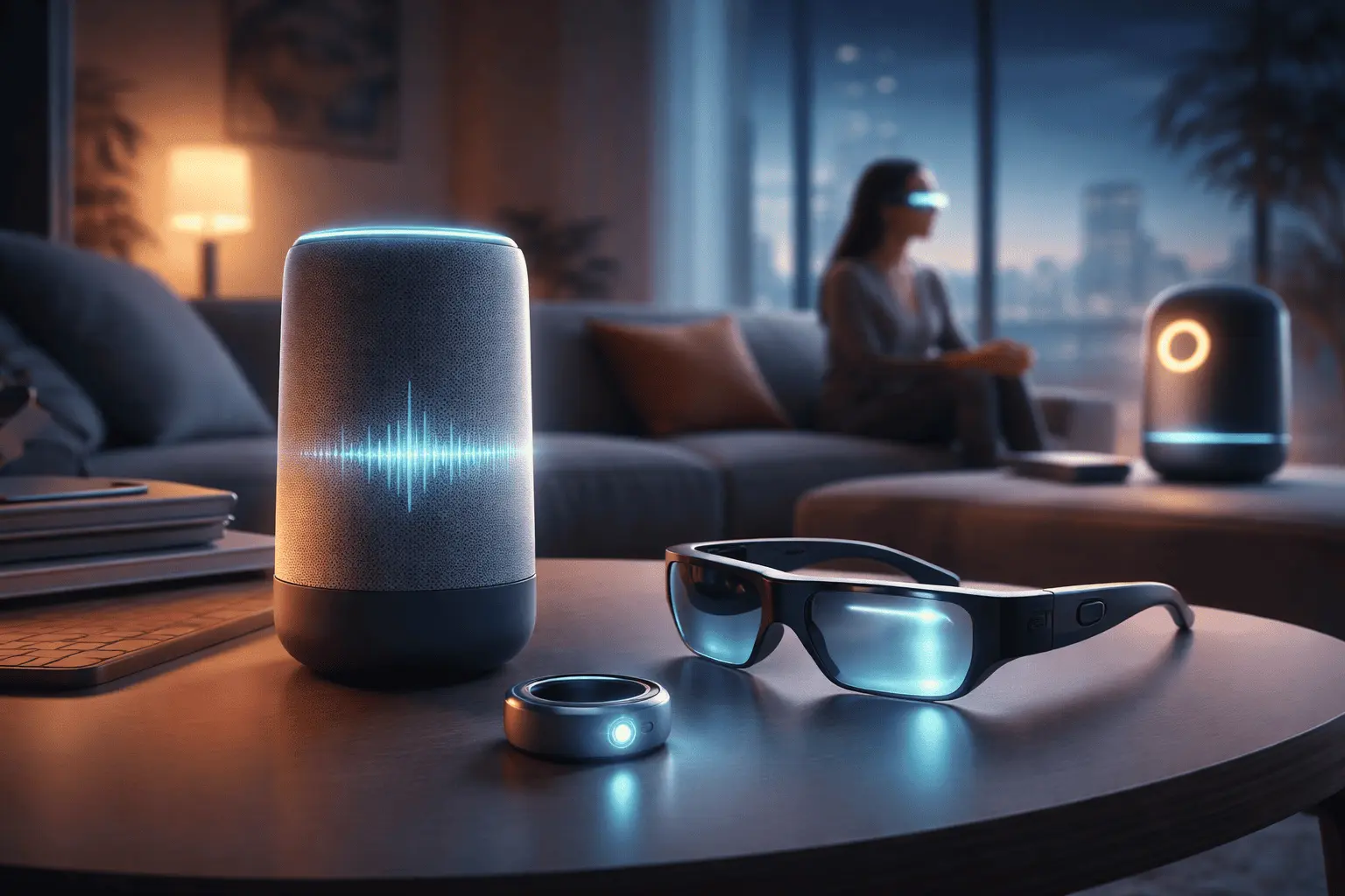 A futuristic living room displaying audio-first AI devices: a glowing smart speaker, AR smart glasses, and a smart AI ring on a table, with a person wearing smart glasses in the background, highlighting screenless AI interaction.