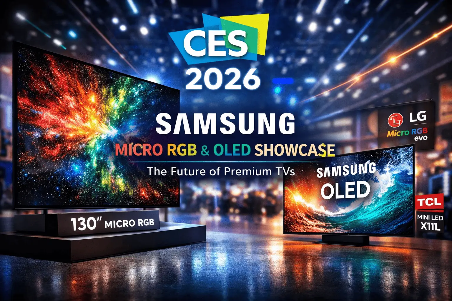 A 130-inch Samsung Micro RGB TV on display at CES 2026, surrounded by vibrant colored lights, with smaller LG OLED evo and TCL Mini LED TVs in the background, highlighting next-generation TV technology.