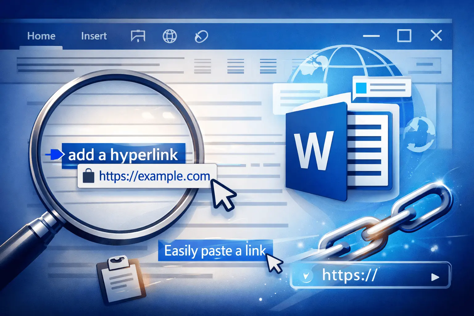 Microsoft Word interface showing text being instantly converted into a hyperlink by pasting a URL over selected words