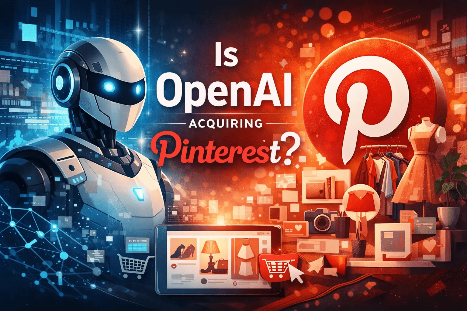 A futuristic digital illustration showing the ChatGPT logo merging with the Pinterest logo, surrounded by glowing data points, AI algorithms, and visual motifs of shopping and social media interactions.