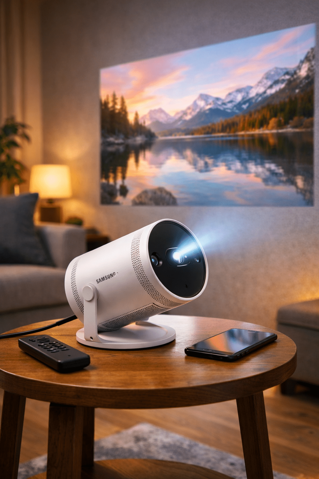 Samsung Freestyle+ portable projector projecting a bright 1080p image onto a textured wall in a modern living room.