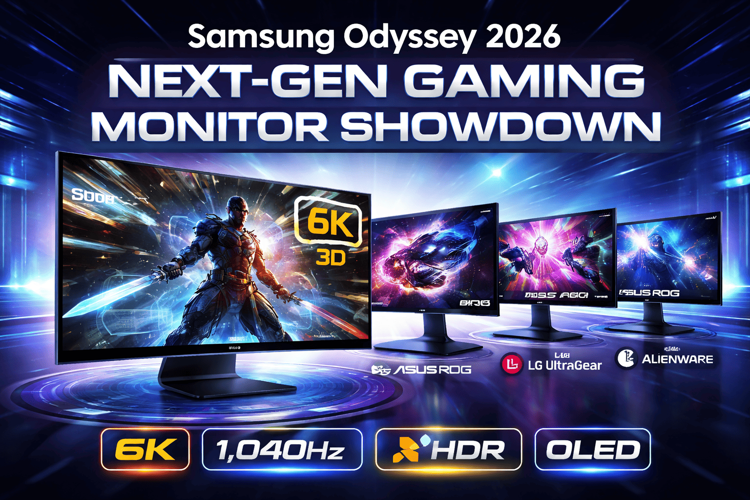 Samsung 2026 Odyssey 3D G90XH gaming monitor showcasing 6K glasses-free 3D gameplay in a high-tech gaming setup with RGB lighting and peripherals.